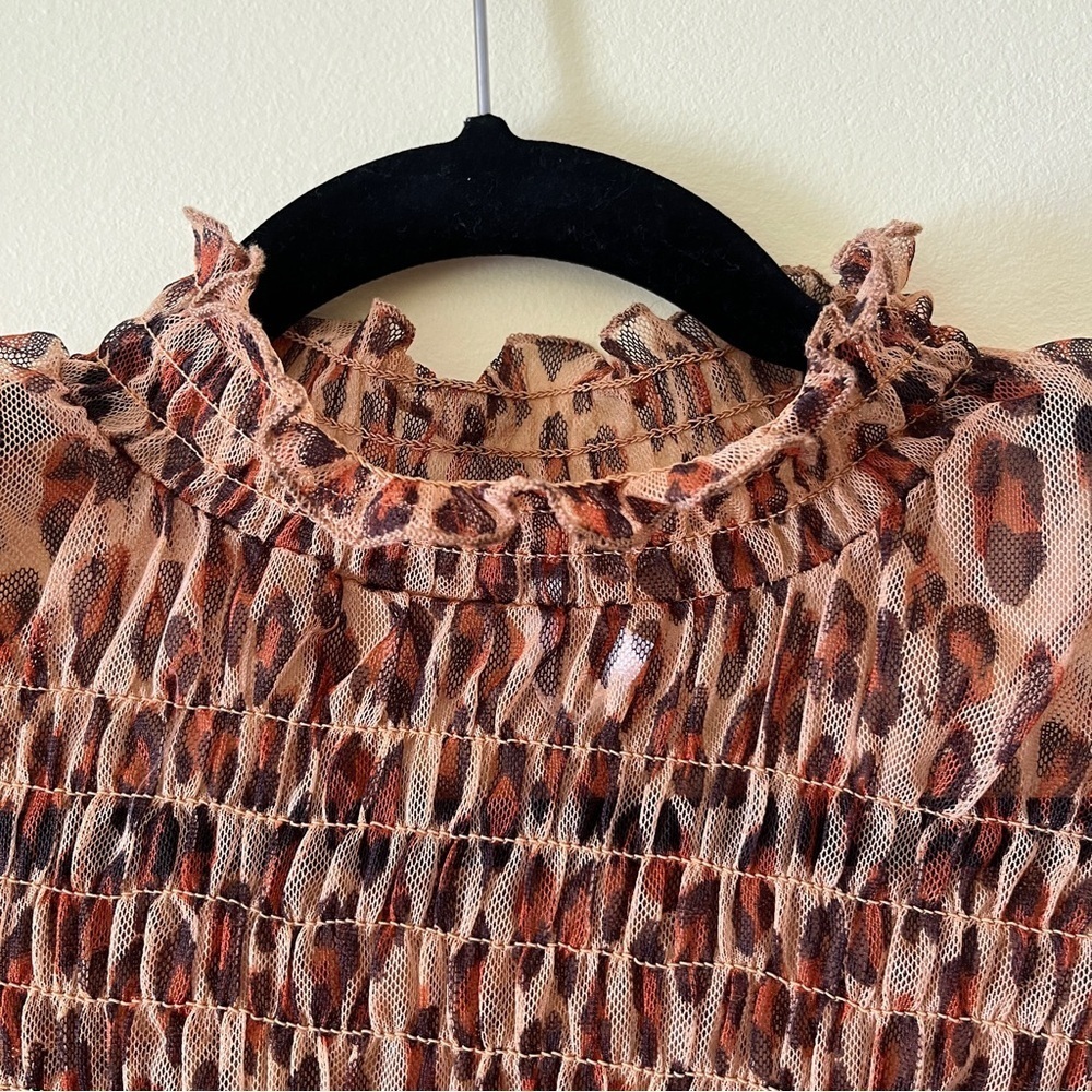FREE PEOPLE Smocked HELLO THERE Mesh Top Leopard Cheetah Mock Neck Size Small - Picture 8 of 14